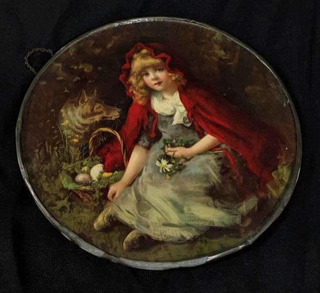 ANTIQUE VICTORIAN CHIMNEY FLUE COVER RED RIDING HOOD & WOLF NURSERY RHYME