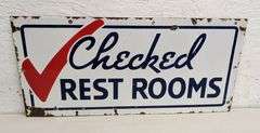 PORCELAIN SIGN "CHEVRON" CHECKED REST ROOMS (2 SIDED)