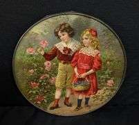 ANTIQUE VICTORIAN CHIMNEY FLUE COVER YOUNG BOY & GIRL PICKING FLOWERS