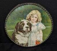 ANTIQUE VICTORIAN CHIMNEY FLUE COVER YOUNG GIRL WITH FRIENDLY LOOKING DOG