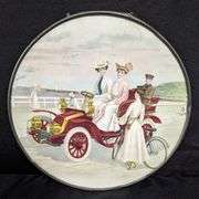 ANTIQUE VICTORIAN CHIMNEY FLUE COVER BRASS ERA AUTOMOBILE & YOUNG LADIES MAN, DOG & BICYCLE