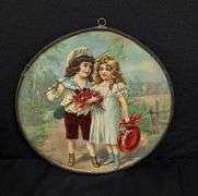 ANTIQUE VICTORIAN CHIMNEY FLUE COVER YOUNG BOY WITH BUTTERFLY NET & GIRL WITH FRESH PICKED FLOWERS
