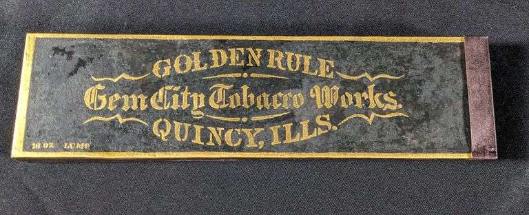 UNUSUAL SHAPE GEM CITY TOBACCO WORKS QUINCY ILLINOIS GOLDEN RULE TOBACCO TIN