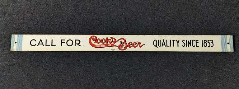 TIN SIGN CALL FOR COOKS GOLDBLUME BEER EVANSVILLE INDIANA