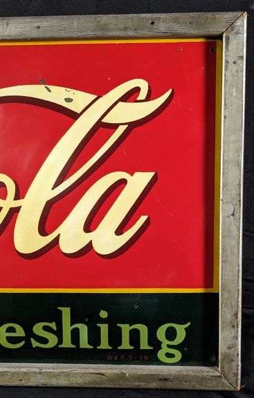 1936 TIN SIGN DRINK COCA COLA DELICIOUS REFRESHING ORIGINAL WOOD FRAME