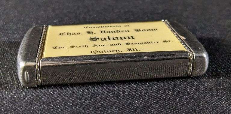 PRE PRO CELLULOID POCKET MATCH SAFE CHAS H VANDEN BOOM SALOON QUINCY ILLINOIS
