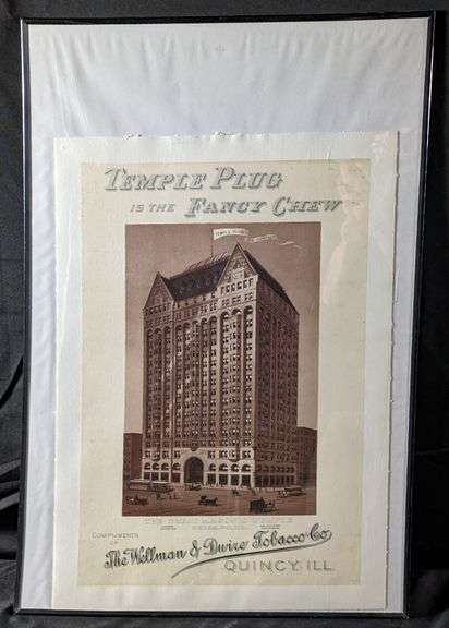 PAPER LITHO SIGN WELLMAN DWIRE TOBACCO CO QUINCY ILLINOIS TEMPLE PLUG MASONIC TEMPLE