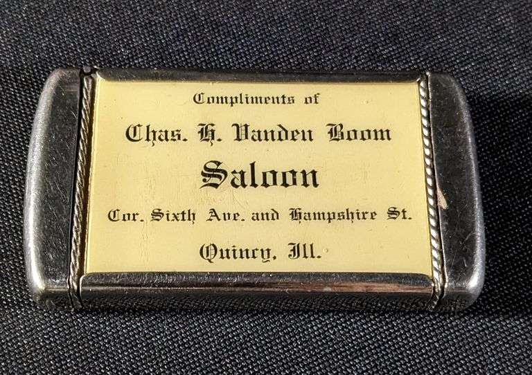 PRE PRO CELLULOID POCKET MATCH SAFE CHAS H VANDEN BOOM SALOON QUINCY ILLINOIS