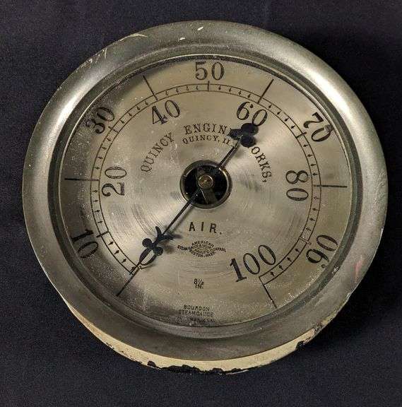 LARGE BRASS STEAM / AIR GAUGE QUINCY ENGINE WORKS QUINCY ILLINOIS
