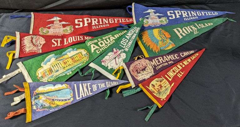 9 VINTAGE 1950'S - 1960'S FELT TRAVEL PENNANTS