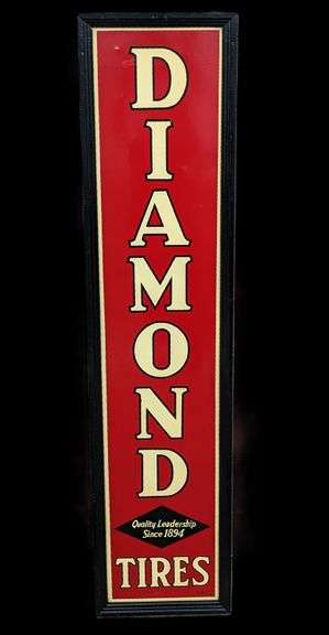 NOS VERTICAL TIN SIGN DIAMOND TIRES ORIGINAL WOOD FRAME