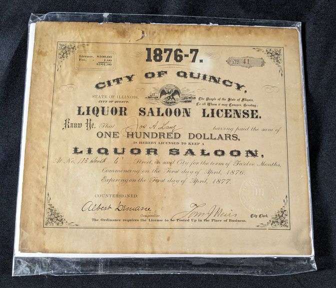 PRE PRO 1876 - 1877 CITY QUINCY ILLINOIS LIQUOR SALOON LICENSE #41