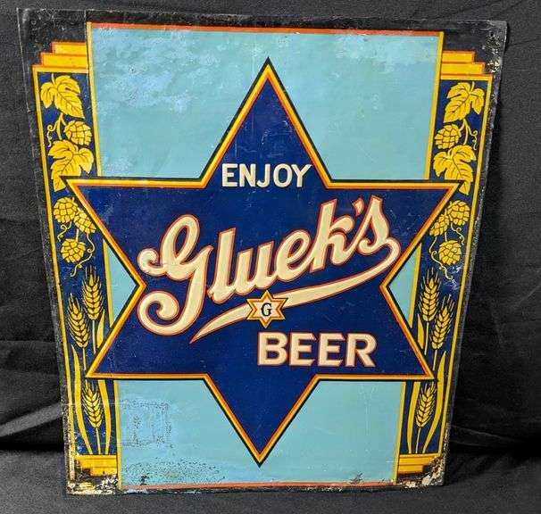 EMBOSSED TIN SIGN ENJOY GLUEKS BEER MINNESAPOLIS MINNESOTA