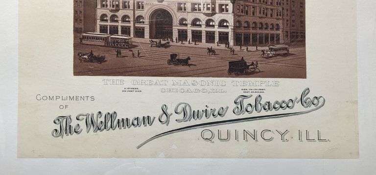 PAPER LITHO SIGN WELLMAN DWIRE TOBACCO CO QUINCY ILLINOIS TEMPLE PLUG MASONIC TEMPLE