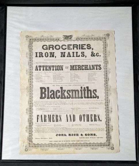 1853 JOEL RICE & SONS GROCERIES IRON & NAILS QUINCY ILLINOIS POSTER SIGN