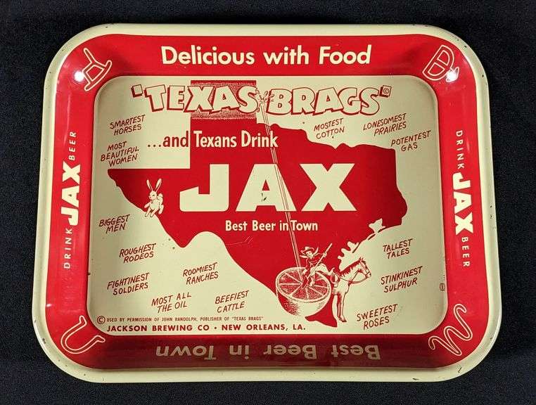 TEXAS BRAGS JAX BEER TRAY JACKSON BREWING CO NEW ORLEANS LOUISINA