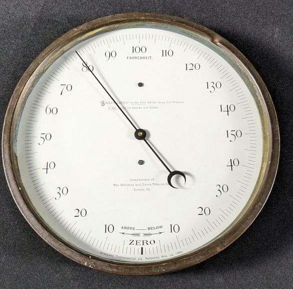 DATED 1885 WELLMAN DWIRE TOBACCO CO QUINCY IL SWEET LOTUS TOBACCO THERMOMETER