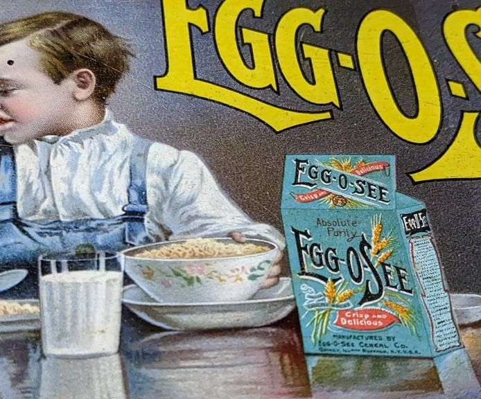 TIN LITHO SIGN WE SELL EGG-O-SEE CEREAL QUINCY ILLINOIS BUFFALO NY