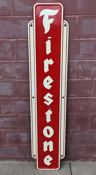 VERTICAL TIN SIGN RED & WHITE FIRESTONE TIRES