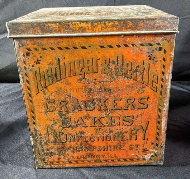 RIEDINGER & OERTLE CRACKERS CAKES & CONFECTIONERY GLASS FRONT BIN TIN QUINCY ILLINOIS