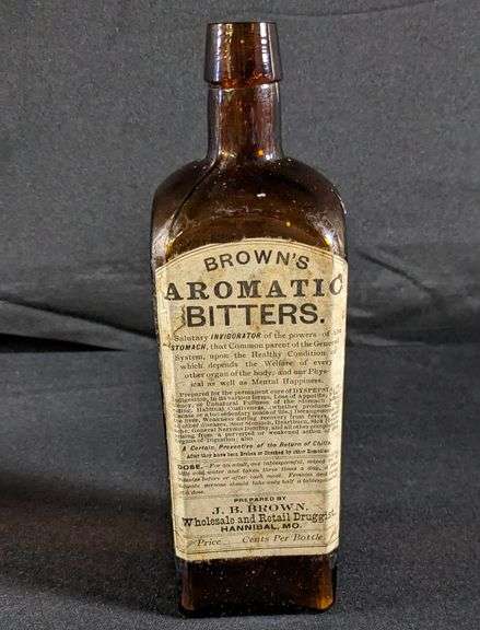 BROWN'S AROMATIC BITTERS BOTTLE HANNIBAL MISSOURI CORK TOP