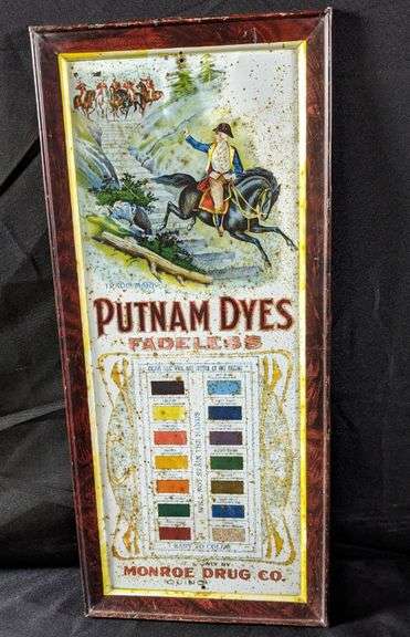 SELF FRAMED TIN SIGN PUTNAM FADELESS DYES MONROE DRUG CO QUINCY ILLINOIS