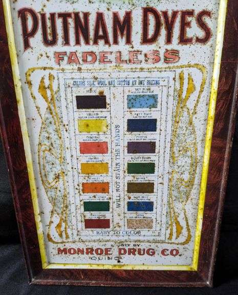SELF FRAMED TIN SIGN PUTNAM FADELESS DYES MONROE DRUG CO QUINCY ILLINOIS