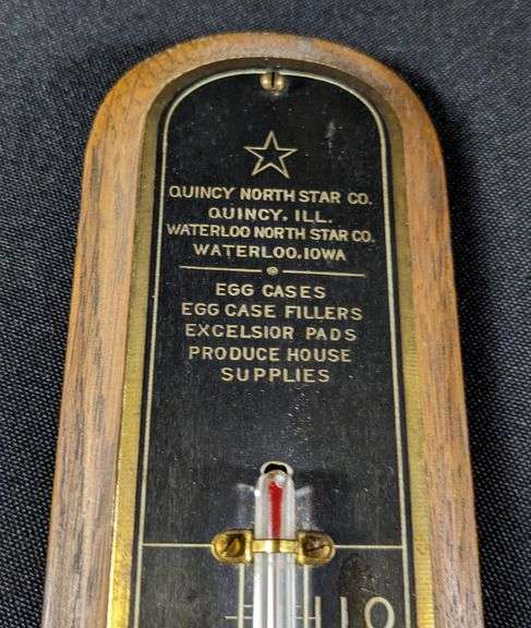 EARLY BRASS & WOOD THERMOMETER QUINCY IL & WATERLOO IA EGG CASES