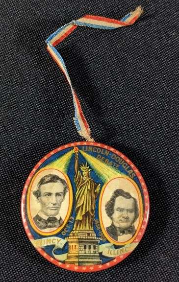 1908 CELLULOID POCKET MIRROR LINCOLN DOUGLAS DEBATE QUINCY ILLINOIS
