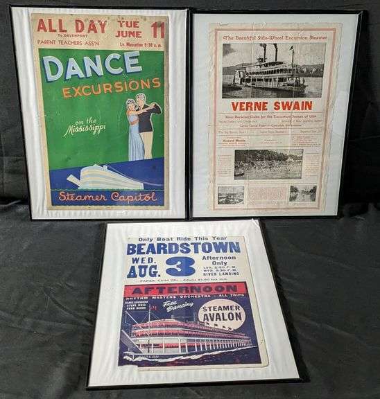 3 MISSISSIPPI & OHIO RIVER STEAMBOAT PADDLE WHEEL POSTER SIGNS CAPITOL AVALON VERNE SWAIN IOWA ILLIN