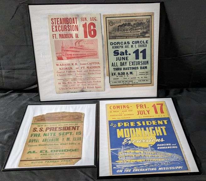 4 VINTAGE MISSISSIPPI RIVER STEAMBOAT PADDLE WHEEL POSTERS SS PRESIDENT & CAPITOL IOWA ILLINOIS