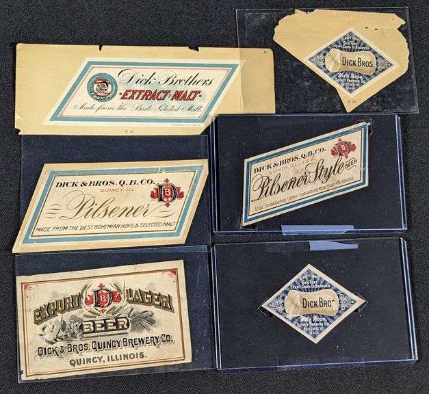 DICK BROTHERS QUINCY ILLINOIS BEER BOTTLE LABELS CORKS PILSENER STYLE EXTRACT MALT EXPORT LAGER