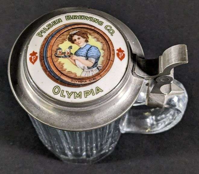 PILSEN BREWING OLYMPIA GIRL GLASS BEER MUG STEIN PEWTER & PORCELAIN COVER  CHICAGO ILLINOIS