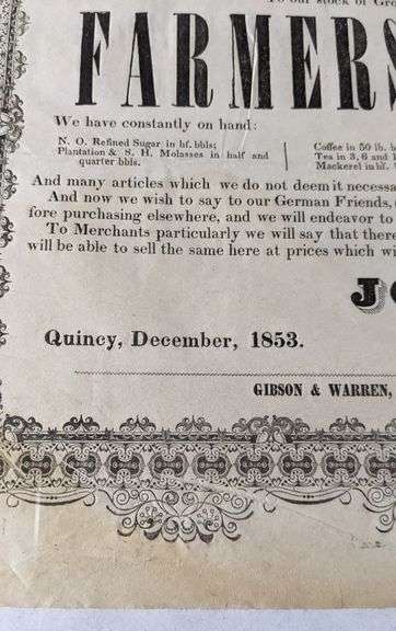 1853 JOEL RICE & SONS GROCERIES IRON & NAILS QUINCY ILLINOIS POSTER SIGN