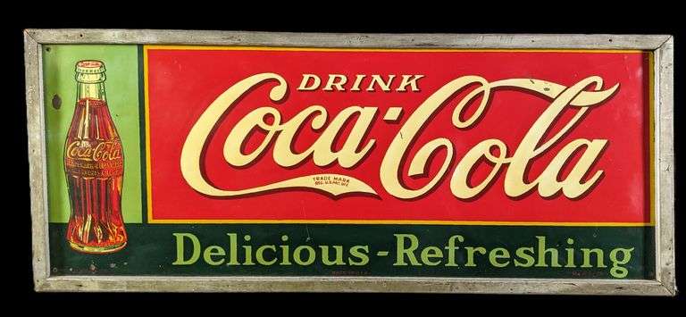 1936 TIN SIGN DRINK COCA COLA DELICIOUS REFRESHING ORIGINAL WOOD FRAME