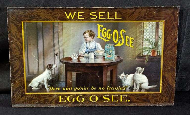 TIN LITHO SIGN WE SELL EGG-O-SEE CEREAL QUINCY ILLINOIS BUFFALO NY