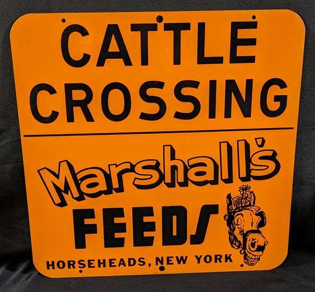 NOS TIN SIGN CATTLE CROSSING MARHALL'S FEEDS HOREHEADS NEW YORK