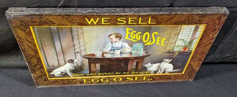 TIN LITHO SIGN WE SELL EGG-O-SEE CEREAL QUINCY ILLINOIS BUFFALO NY