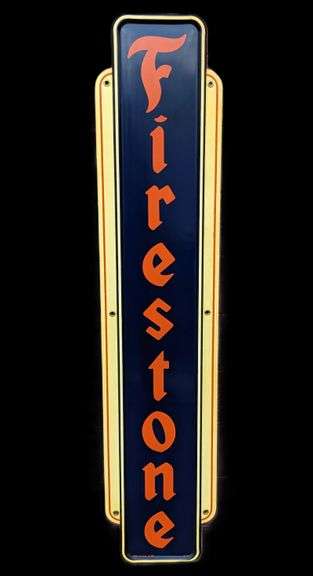 NOS VERTICAL TIN SIGN BLUE ORANGE & WHITE FIRESTONE TIRES