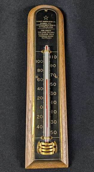 EARLY BRASS & WOOD THERMOMETER QUINCY IL & WATERLOO IA EGG CASES