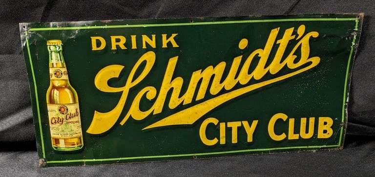 EMBOSSED TIN SIGN DRINK SCHMIDTS CITY CLUB BEER ST PAUL MN