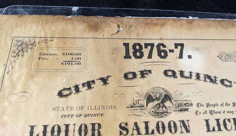 PRE PRO 1876 - 1877 CITY QUINCY ILLINOIS LIQUOR SALOON LICENSE #41