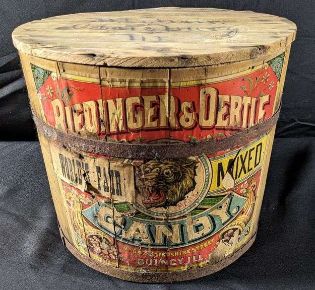 ANTIQUE WOOD COUNTRY STORE CONTAINER RIEDINGER & OERTLE WORLDS FAIR MIXED CANDY QUINCY ILLINOIS
