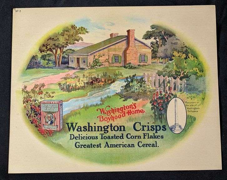 2 SIDED CARDSTOCK SIGN WASHINGTON CRISPS CEREAL QUINCY ILLINOIS