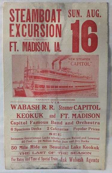 4 VINTAGE MISSISSIPPI RIVER STEAMBOAT PADDLE WHEEL POSTERS SS PRESIDENT & CAPITOL IOWA ILLINOIS