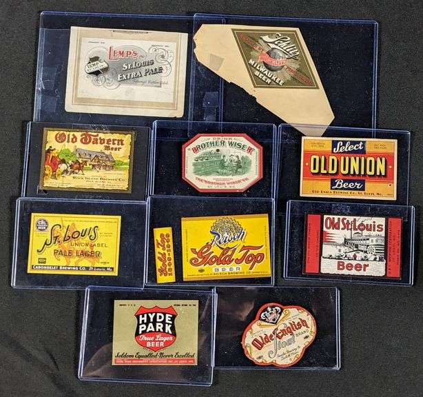 BEER BOTTLE LABELS LEMP SCHLITZ PEORIA OLD TAVERN OLD UNION ST LOUIS OLDE-ENGLISH REISCH HYDE PARK