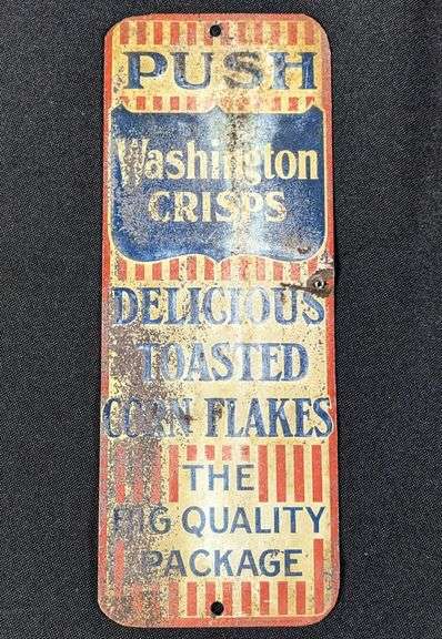 EMBOSSED TIN DOOR PUSH SIGN WASHINGTON CRISPS TOASTED CORN FLAKES CEREAL (QUINCY IL)