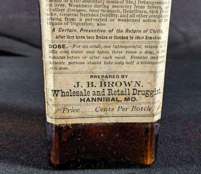 BROWN'S AROMATIC BITTERS BOTTLE HANNIBAL MISSOURI CORK TOP