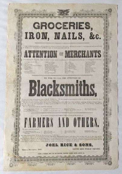 1853 JOEL RICE & SONS GROCERIES IRON & NAILS QUINCY ILLINOIS POSTER SIGN