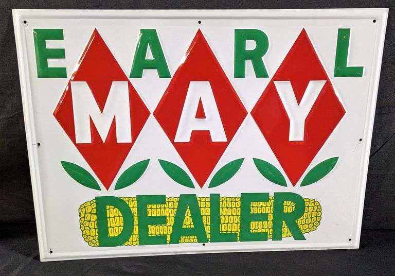 NOS EMBOSSED TIN SIGN EARL MAY SEED CORN DEALER